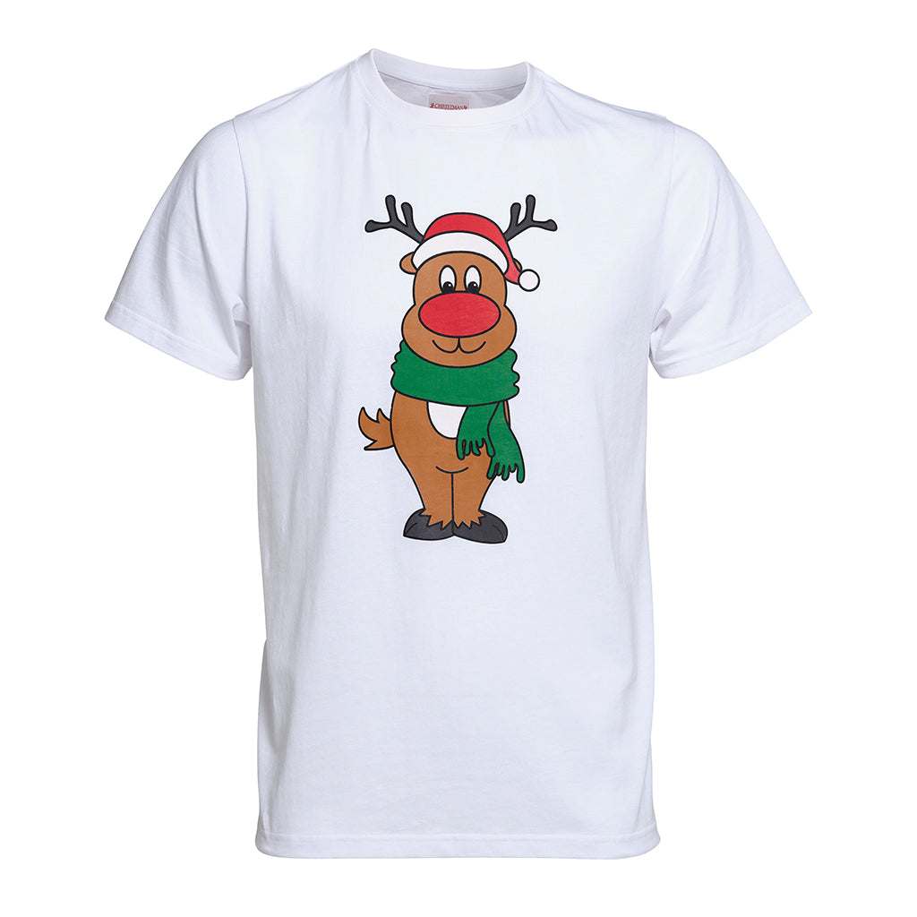 En hvid T-shirt med Rudolf på.